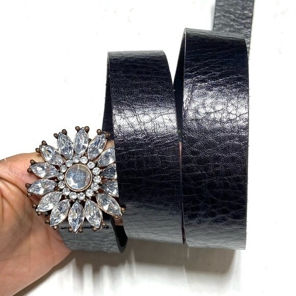 Tehama Rhinestone Embellished BuckleBlack  Italian Leather Belt Large main image 9